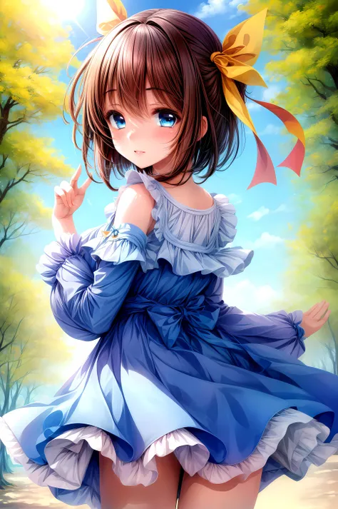 (masterpiece, best quality), <lora:nozoemon_v1.0:0.8> 1girl, solo, nozoemon, brown hair,blue eyes,bob cut,short twintails, hair yellow ribbon,blue dress,
<lora:add_detail:1>