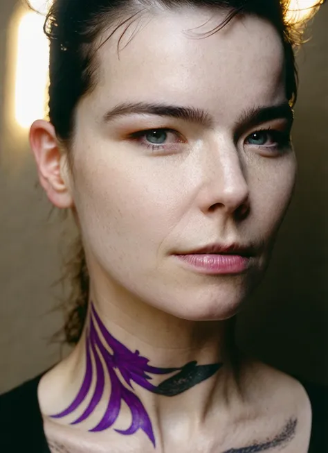 a close up of a woman with a purple and black tattoo on her neck