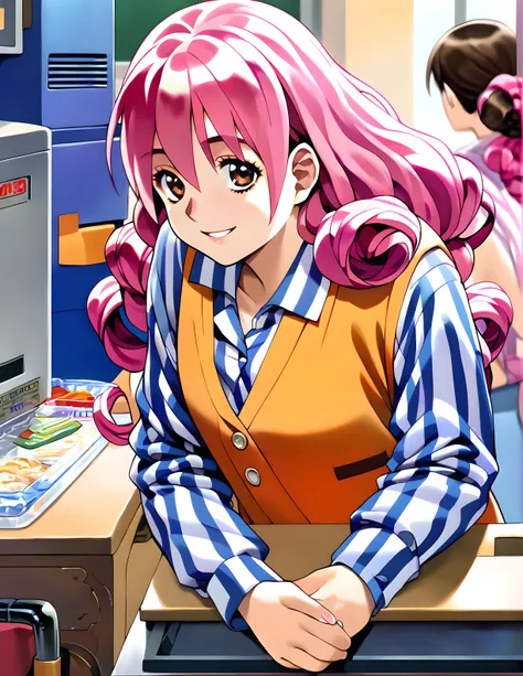 <lora:pony_xl_minori>,minori,score_9,score_8_up,score_7_up,source_anime,1girl,looking at viewer,smile,kind_smile,striped shirt,v...