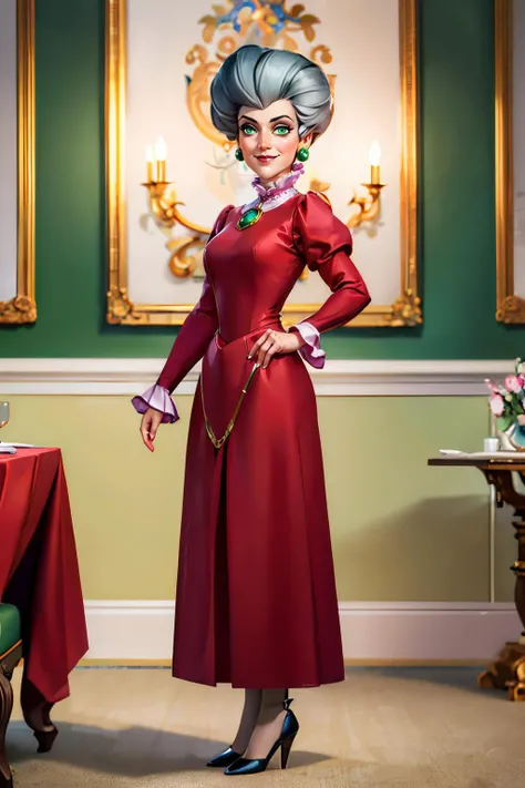 tremaine, green eyes, grey hair, large hair,eyeshadow,red dress, puffy long sleeves, green gem, small earrings, frills, looking at viewer, smiling, standing, full body shot, inside,fancy dining room, warm ambiance, high quality, masterpiece,  <lora:ladytre...