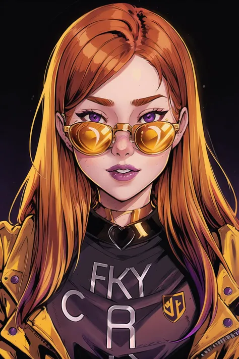 by Bruno Ferreira, long flowing ginger hair, bttrfrckl, a girl with a jacket, with yellow glasses, wearing a choker, close-up portrait, purple gradient background <lora:pop_art_dataset: .8>