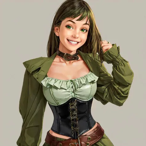 1girl, smiling, green corset belt <lora:btcorbel:0.8>