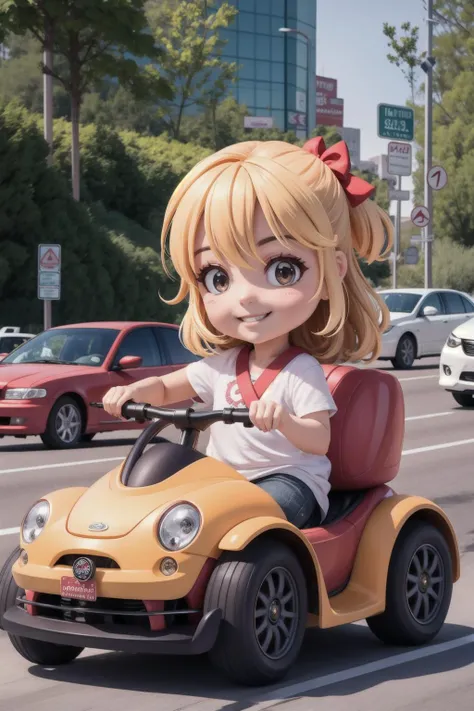 Photo of a stunning woman enjoying a thrilling ride on a small bumper car in on a crowded highway, radiant smile and wind-blown hair, sunlight,<lora:blindbox_v1_mix:1>,full body, chibi, staring at the camera