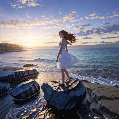 <lora:blues_20240115150616-000018:1> blues, 1girl, standing on a rock outcropping looking at the ocean at sunset