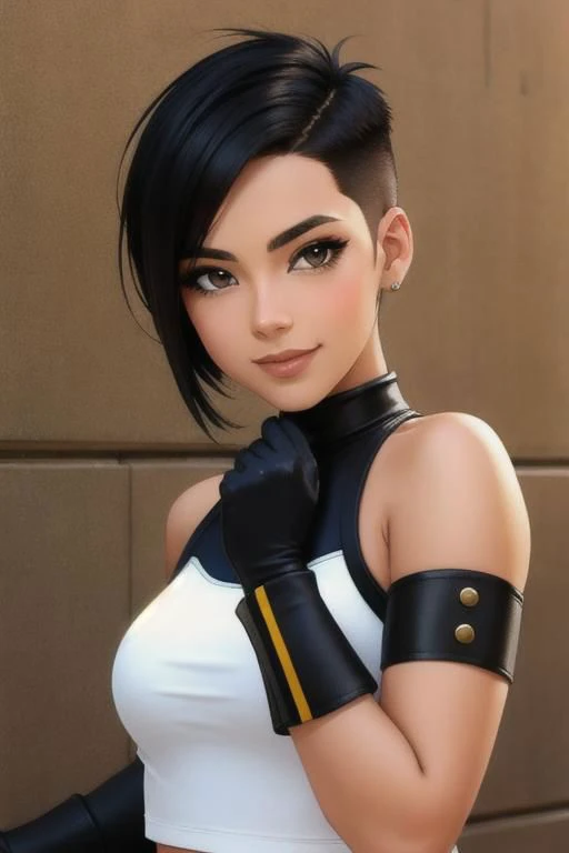 spiky bald hairstyle, short hair, mexican skin, gloves, crop top military, 1girl ,dark black hair, ((hair cut super short,)), soft Brown eyes, smile lips,