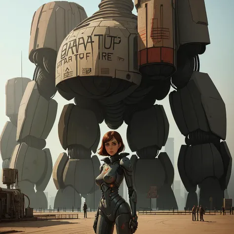 <lora:Atompunk:0.85> atmpkart, a woman standing  in front of a giant robot