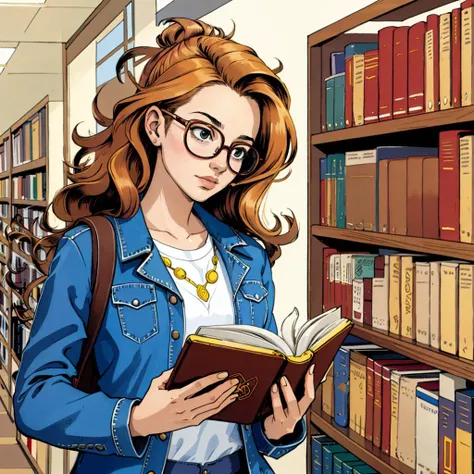 <lora:History_of_Rock_v2-000050:1> histr0ckstyle,  a young woman wearing glasses reading a book in a library