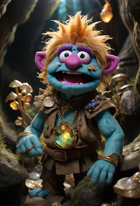 in a felt puppet world style,  In a cavern glowing with luminescent fungi, a troll king with gem-encrusted skin hoards treasures stolen from countless victims, the glint of gold and jewels reflecting in his greedy eyes. <lora:Felt-Puppet-base-v1-000008:0.8...