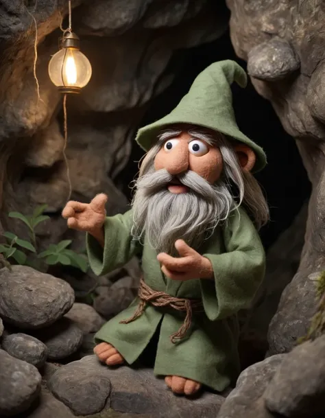 <lora:Felt-Puppet-base-v1-000008:0.85> in a felt puppet world style,, A hermit sage imparting wisdom from a mountain cave.