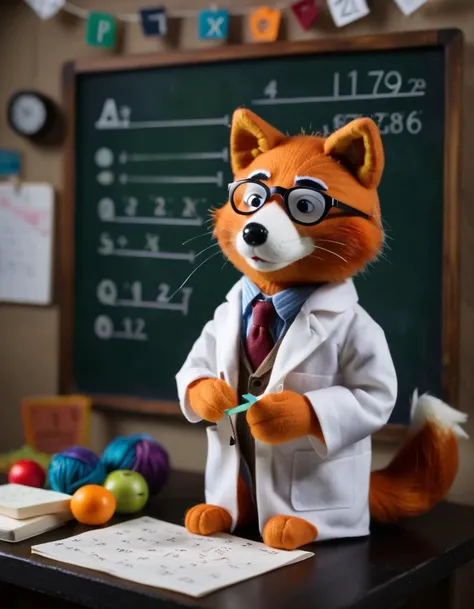 in a felt puppet world style A cute fox wearing glasses and a lab coat. He is doing math equations on a chalkboard.