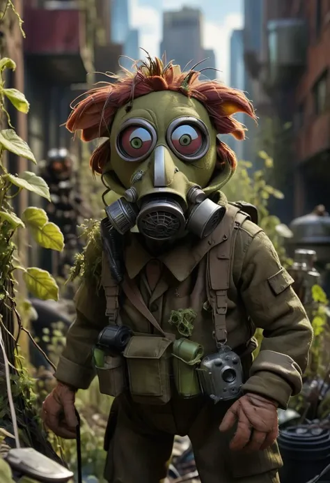 in a felt puppet world style,  In a post-apocalyptic city reclaimed by nature, a scavenger with a gas mask and makeshift weapons searches for supplies. The once-majestic skyscrapers, now covered in vines, house both invaluable relics and lurking dangers. <...