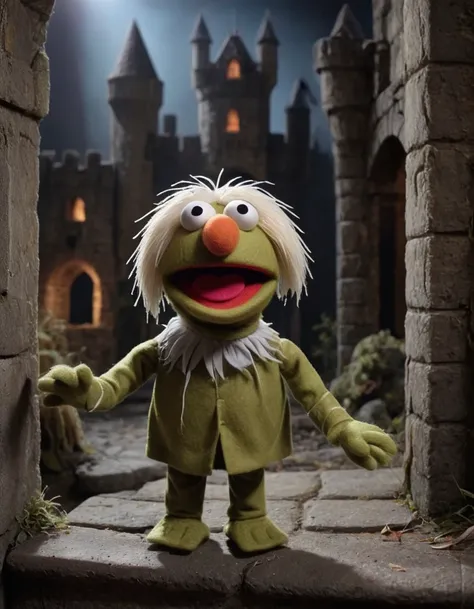 <lora:Felt-Puppet-base-v1-000008:0.85> in a felt puppet world style,  a muppet movie scene, A ghostly figure haunting an abandoned castle.