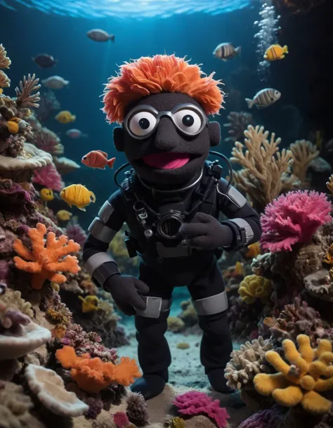 <lora:Felt-Puppet-base-v1-000008:0.85> in a felt puppet world style,, A diver exploring a vibrant coral reef, surrounded by curious marine life.