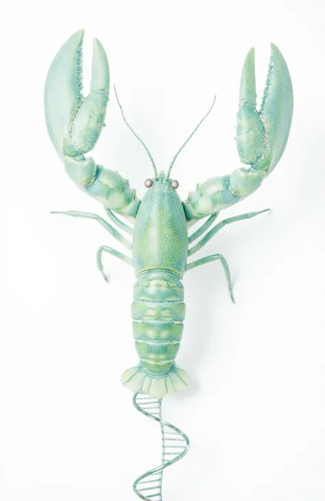 this is a rendered image depicting a lobster shape composed of scattered small particles. this lobster is created with green and...