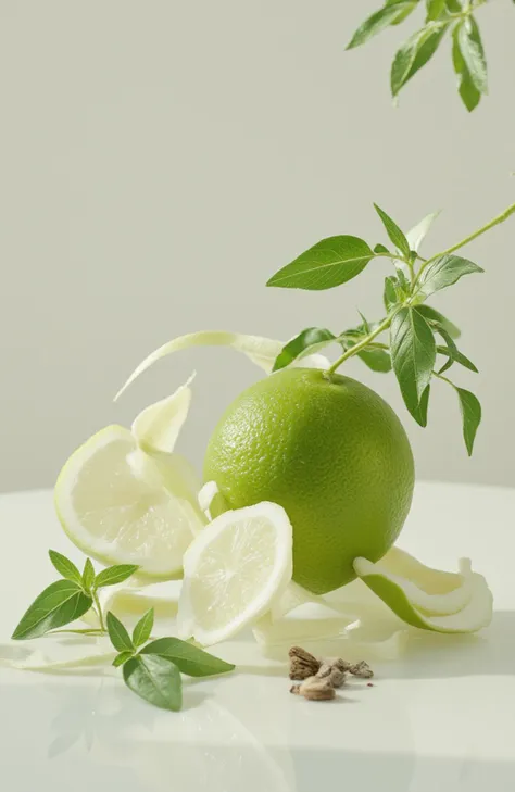 an artistic composition of fresh lime and aromatic herbs arranged in a minimalist setting, emphasizing freshness and natural aro...