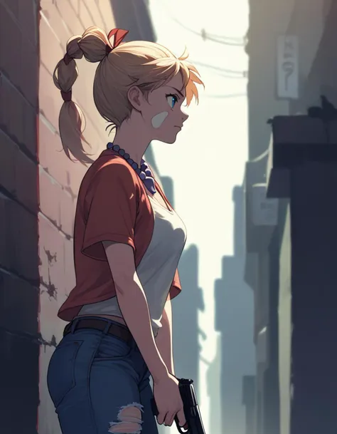 anime girl with gun standing in alley with buildings in background