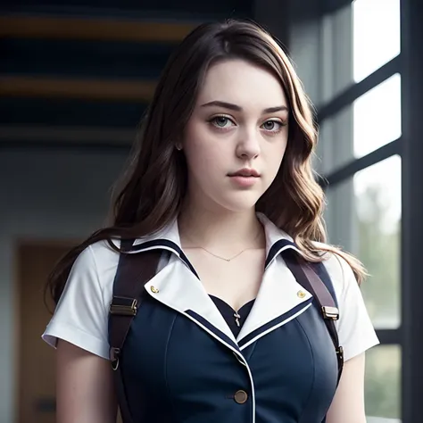 a portrait photo of a beautiful woman,imogend dress as school girl uniform,cleavage,epic, hyperrealistic, hyperrealism, 8k, cinematic lighting, greg rutkowski, wlop