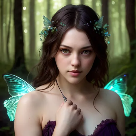 beautiful imogend as a fairy,(highly detailed:1.2),(best quality:1.2),(8k:1.2),sharp focus,(subsurface scattering:1.1),award-winning photograph,professional portrait photography,(close shot:1.1) (glowing bioluminescent forest:1.2),iridescent fairy wings (v...