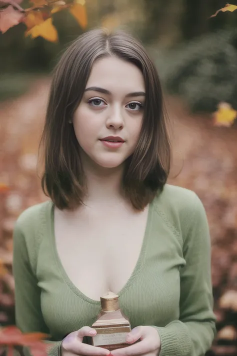 award winning medium shot color photograph of beautiful 20 years old woman ImogenD, tight green sweatshirt, autumn, falling leaves, medium breasts, hyper realistic photograph, detailed collarbones, detailed face, body shot, perfect proportions, face in fra...