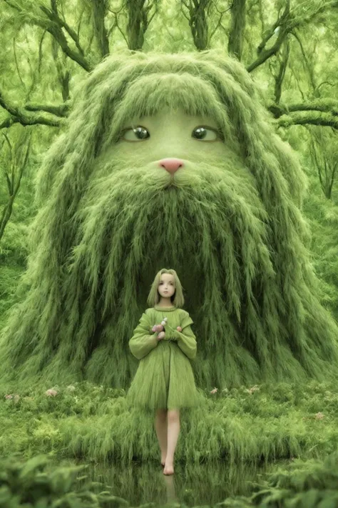 arafed woman in a green dress standing in front of a giant green monster