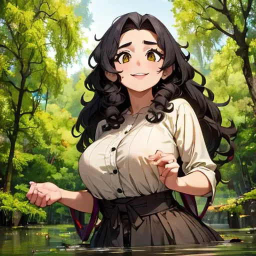 anime girl in a dress standing in a river with trees in the background