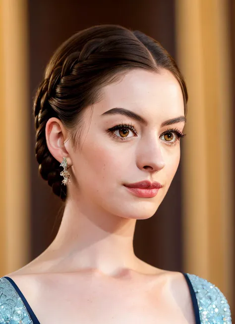 closeup portrait of skswoman, hot , wearing haute couture , with dark brown Fishtail braid , background vatican city epic (photo, studio lighting, hard light, sony a7, 50 mm, matte skin, pores, colors, hyperdetailed, hyperrealistic), <lyco:Anne Hathaway:1....