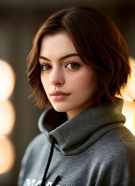 closeup portrait of skswoman, jealous , wearing sweatshirt , with brown Layered haircut , background camp epic (photo, studio lighting, hard light, sony a7, 50 mm, matte skin, pores, colors, hyperdetailed, hyperrealistic), <lyco:Anne Hathaway:1.1>