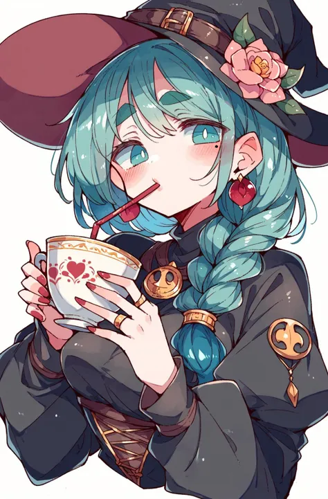 a cartoon girl with blue hair and a hat drinking from a cup