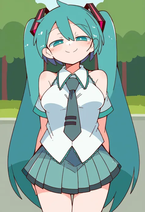 anime girl with blue hair and a tie standing in a park