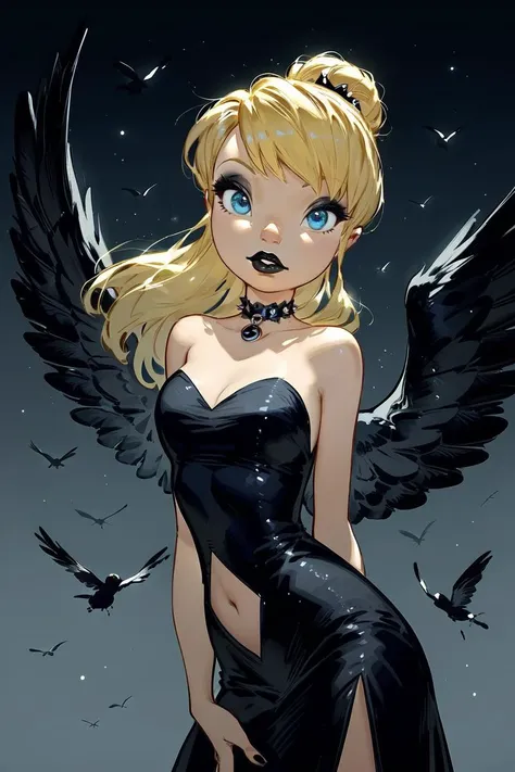 a cartoon picture of a woman with black wings and a black dress