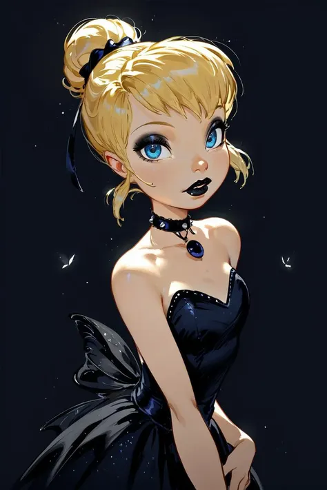 a cartoon girl with blue eyes and a black dress