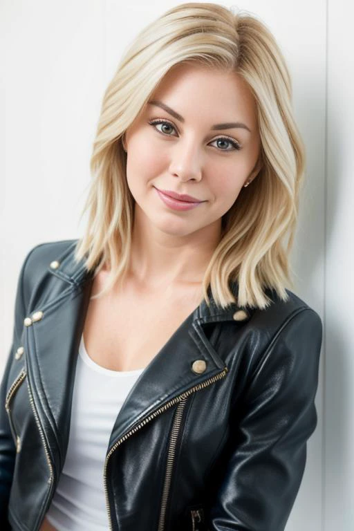 photo of JenniferHolland1, portrait, black  leather jacket , hair, (white studio wall), detailed face, smile, intricate, elegant, sharp focus, photo by, soft lighting, vibrant colors, masterpiece, detailed face, beautiful ,