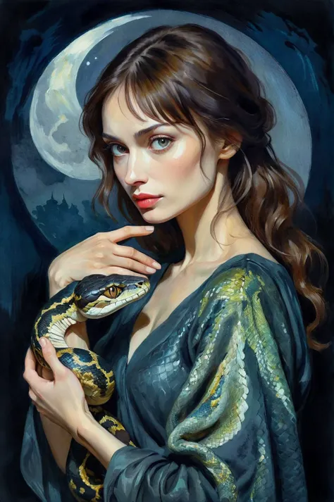 portrait, a Slavic woman Olga Kurylenko with a python in her hands, contemplating the surroundings, moonlit night, play of shadows and light, watercolor, visible brushstrokes, Renaissance style reminiscent of the works of the masters Van Gogh, Arik Brouwer...