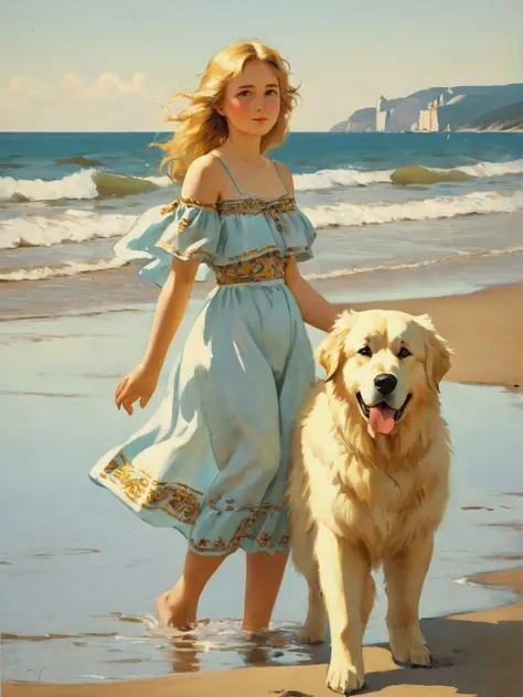 painting of a girl and her dog on the beach