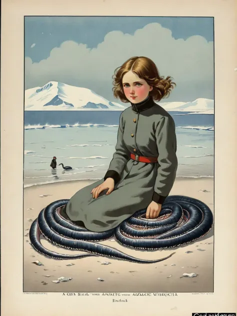 a painting of a girl sitting on a beach with a snake