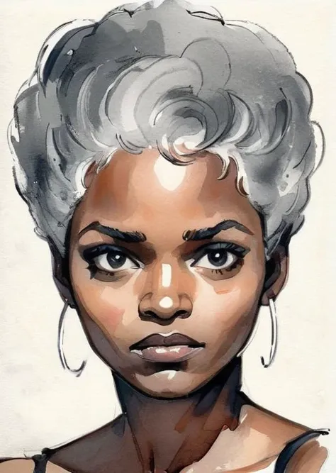 black woman 25yo, Gray-haired head, pointing, Disappointment, watercolor sketch in artistic style, large strokes, finalized with ink, fine lines