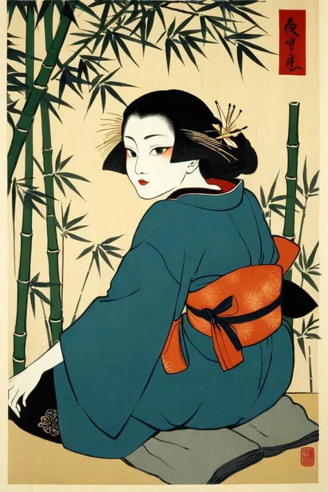 japanese ukiyoe artstyle, woodblock print, bamboo, artistic style