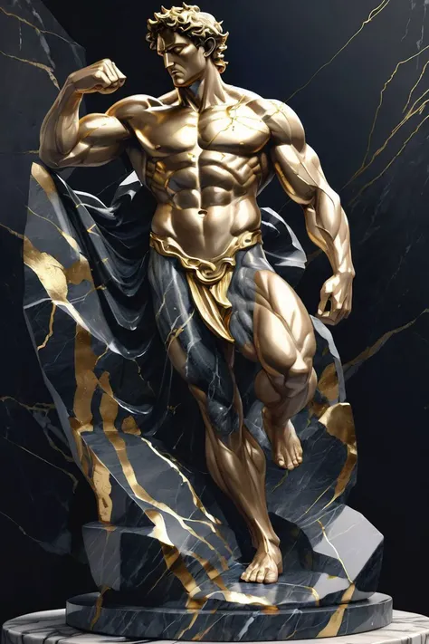 A statue from a muscular greek god statue, dark marble, gilded accents, kintsugi cracks, 8k unreal engine render, photorealism, watercolor sketch in artistic style, large strokes, finalized with ink, fine lines