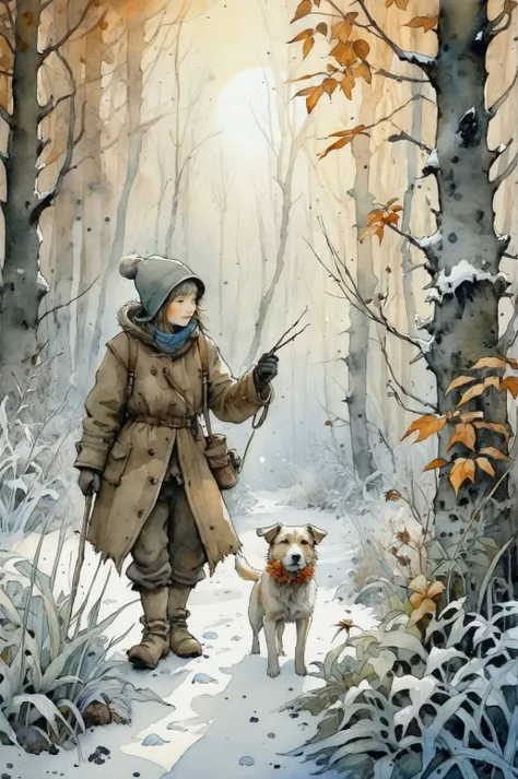 arafed image of a woman walking a dog in a snowy forest