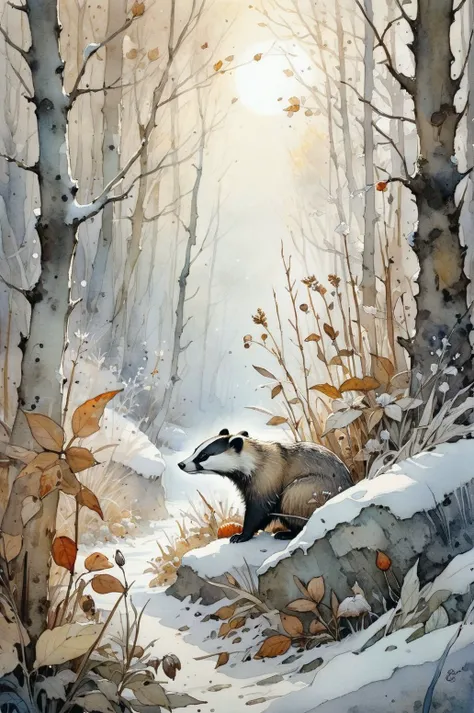 Ultra HD detailed painting of frost and snow, Badger, pearly sunlight, autumn forest, among thickets of plants, by Jean-Baptiste Monge, watercolor and ink, intricate details, fantasy, beautiful, fantasy, flowers, memories, nature, thickets, perfect composi...