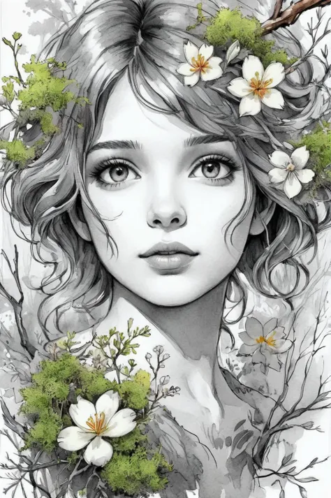 a drawing of a woman with flowers in her hair