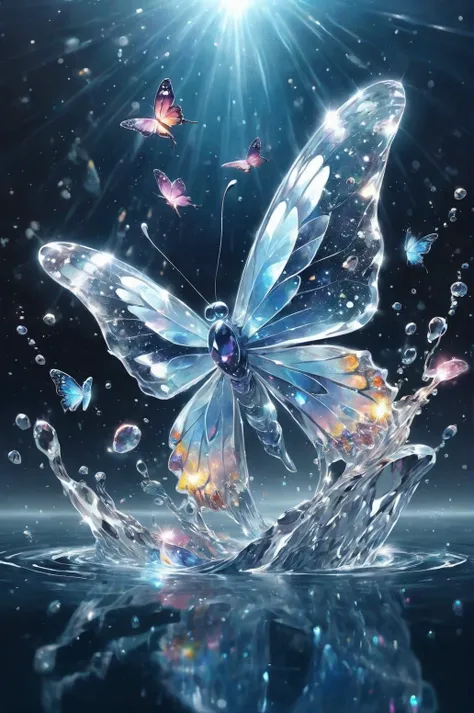 Masterpiece. Realistic. Transparent Beings. Everything in this universe is made out of sparkling crystals. A Butterfly landing on water. Water explosions.