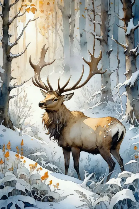 painting of a deer in a snowy forest with trees and snow