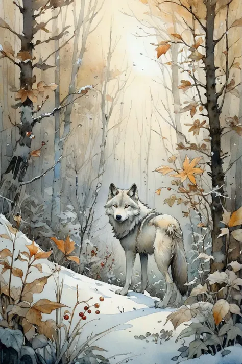 painting of a wolf in a snowy forest with trees and leaves