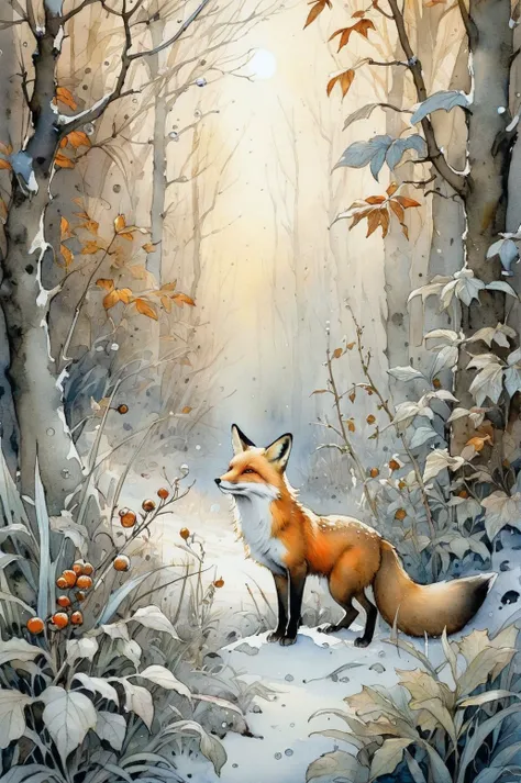 painting of a fox in a snowy forest with a sunbeam