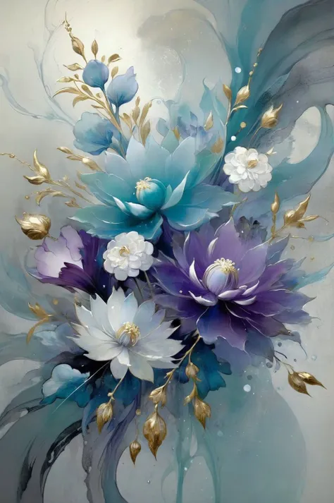 painting of a bouquet of flowers with blue and white flowers