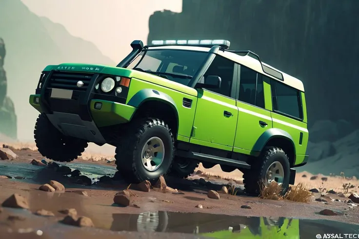 aesthetics, 1 car, 4x4 landrover, front 45 degree view, year 2002, lime, from a scifi futuristic abyssaltech world, dissolving, abyss, volumetric lighting,, (masterpiece), (realistic), 8k, RAW photo, very wide shot, octane render, unreal engine, volumetric...