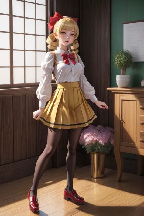 <lora:add_detail:0.5> <lora:copax_charm_eu:0.0> (1girl,3d, photorealistic,masterpiece, best quality, intricate, skin indentation), face happy, full body view, seductive pose, in a Japanese house, flowers,  <lora:hairdetailer:0.5>
mami tomoe, blonde hair, d...