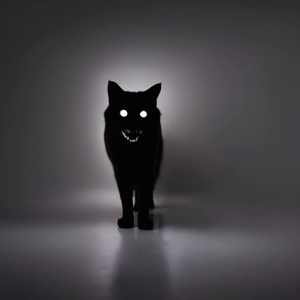 UHD, 4k, ultra detailed, cinematic, a photograph of  <lora:vantablack style:1>
a creepy looking black cat with a creepy face,1girl,solo,looking at viewer,smile,monochrome,teeth,grin,shadow,silhouette,dark,horror (theme) , vantablack style, super-black coat...