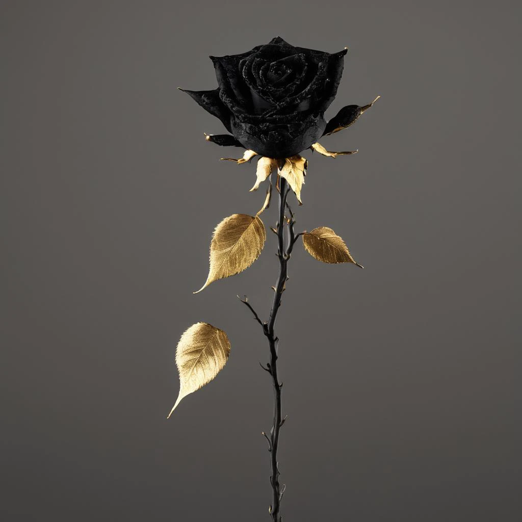 UHD, 4k, ultra detailed, cinematic, a photograph of  <lora:vantablack style:1>
a black rose with a gold stem and leaves,simple background,flower,no humans,rose,leaf,black background,branch,black flower , vantablack style, super-black coating style, dark co...